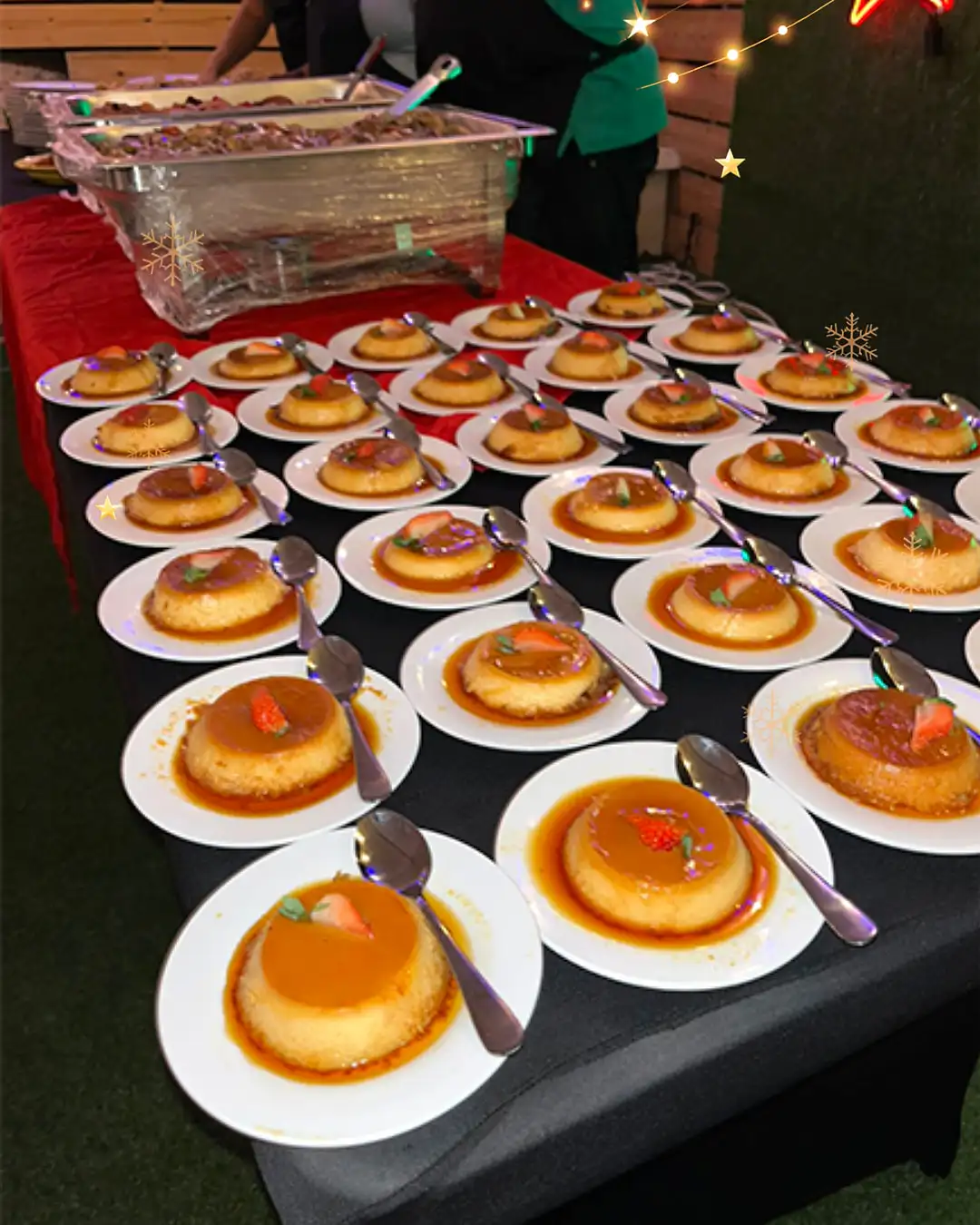 Flan desserts plated for a Christmas dinner
